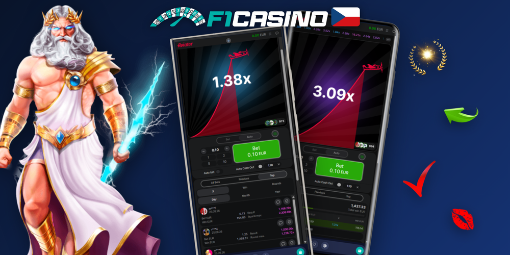 Rozhraní Aviator online ve F1 Casino s grafem multiplikátoru a tlačítky Bet a Cash Out