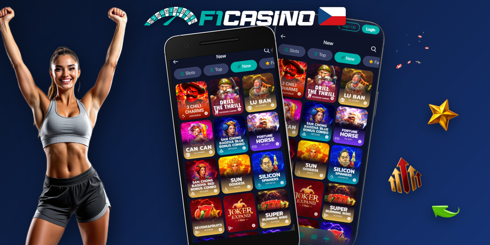 F1 Casino online app – koláž obrazovek s automaty, živým kasinem a VIP programem