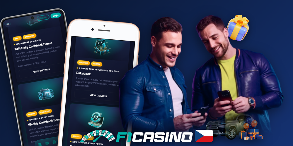 F1 Casino cashback, reload, free spiny a bonus bez vkladu — přehled všech typů odměn v jedné ilustraci