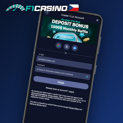 Registrace e-mailem v F1 Casino – zadejte e-mail, heslo a potvrďte odkaz