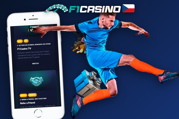 F1 Casino free spiny a sportovní sázky na jednom účtu — dva mobily propojené logem značky